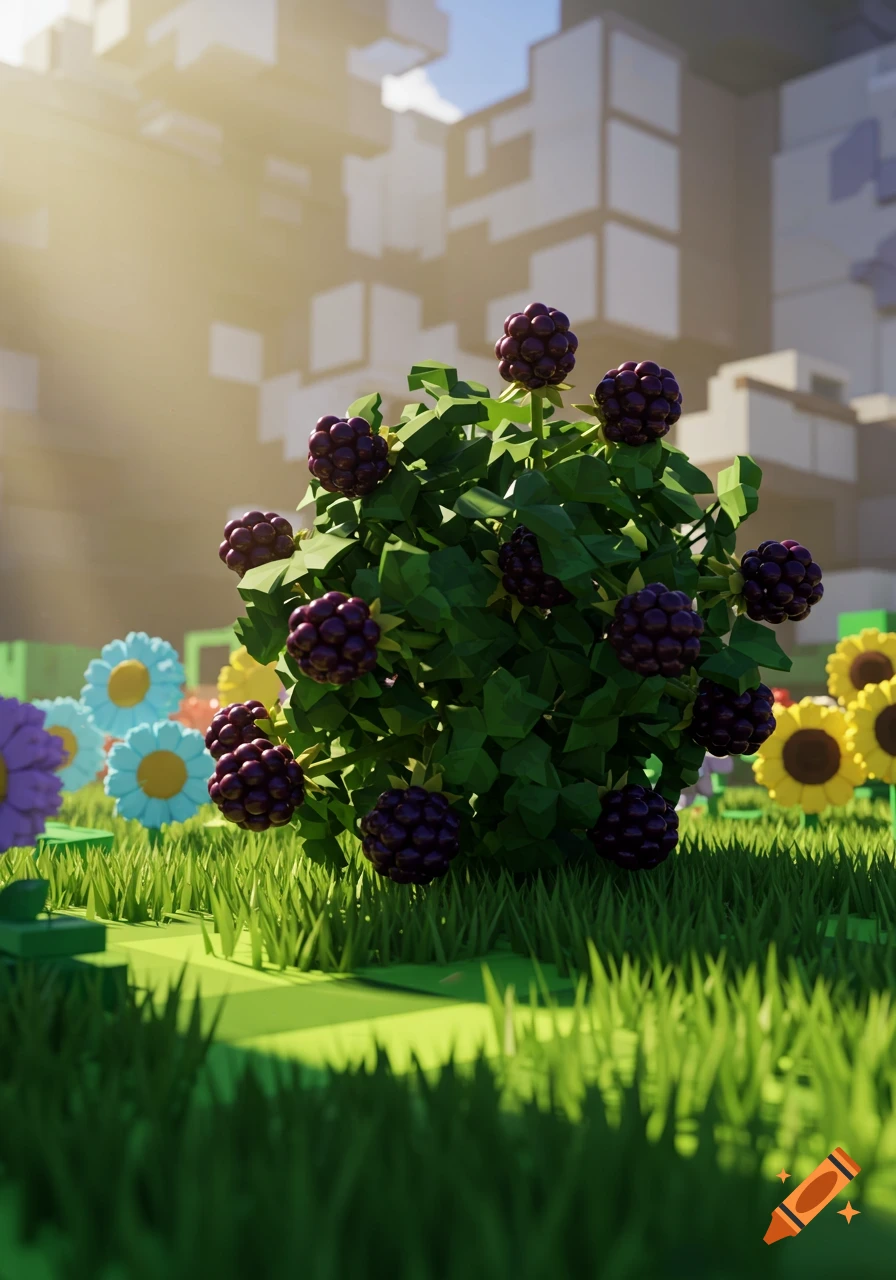 Voxel art blackberry bush in a sunlit garden with blocky flowers and buildings in the background.