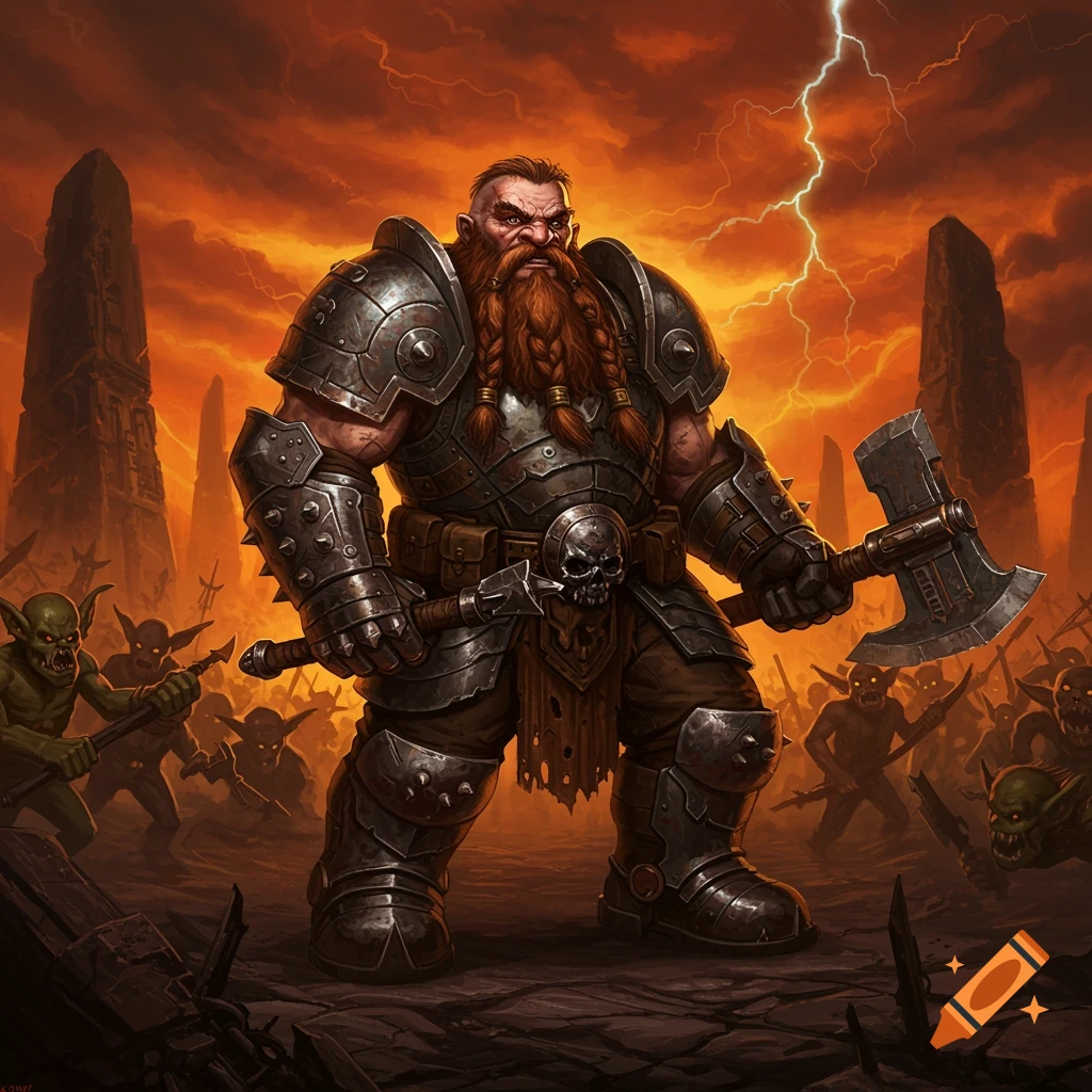 A muscular dwarf warrior in armor wields an axe against a horde of goblins under a stormy orange sky with lightning.