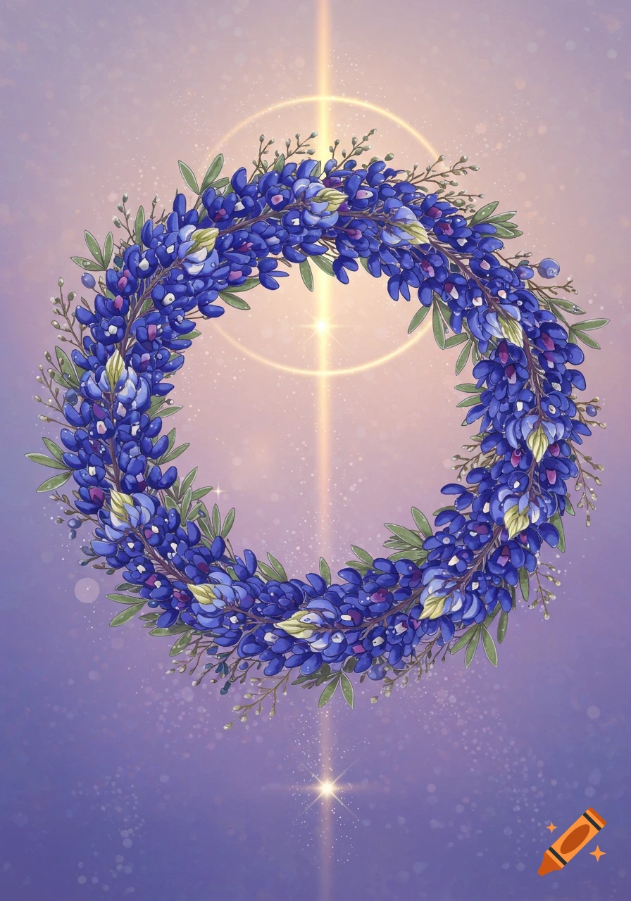 An illustrated wreath of bluebonnet flowers with green leaves, set against a soft purple and orange gradient background with glowing light and sparkles.