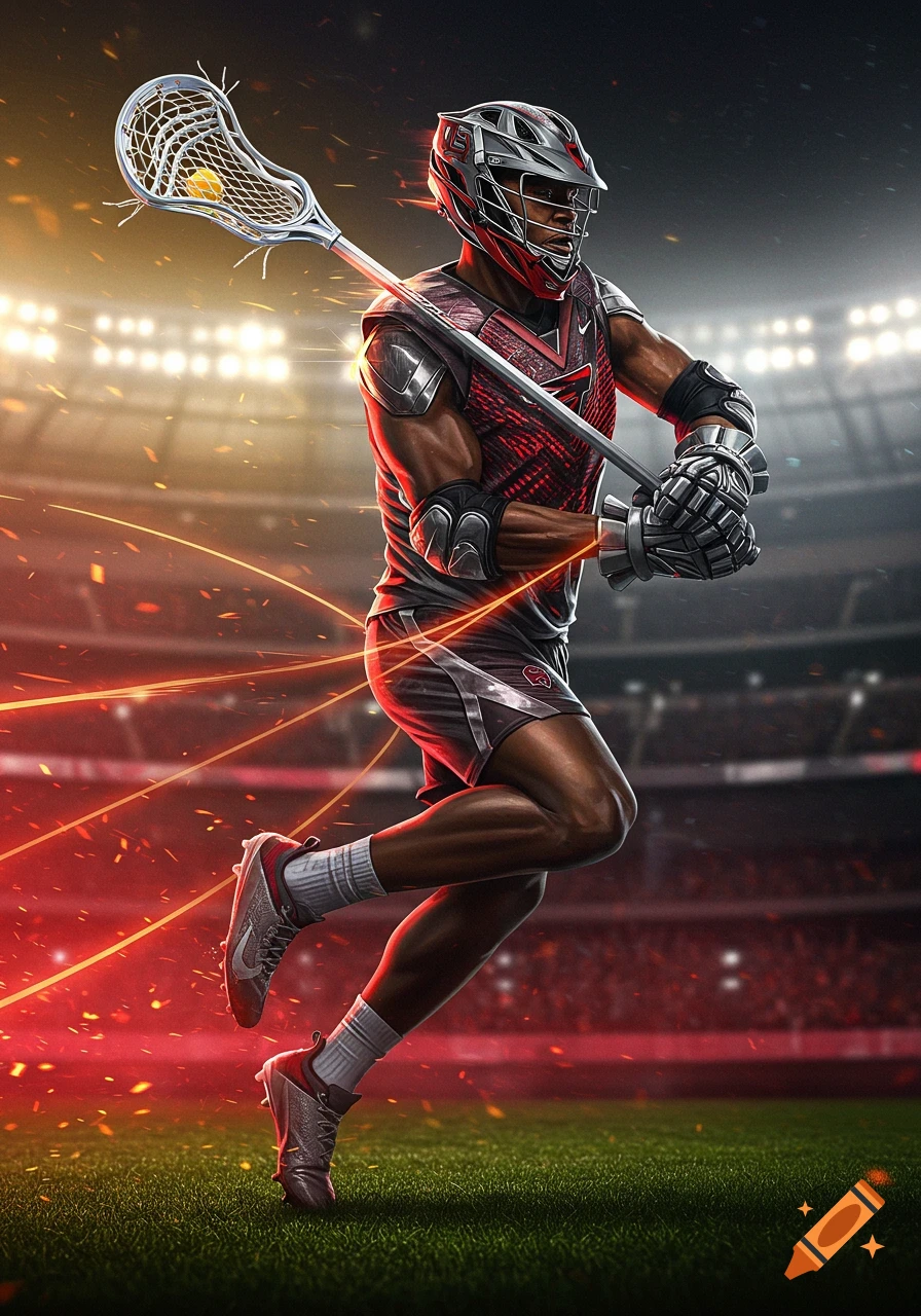 Dynamic illustration of a lacrosse player with stick and ball, in action on a field under stadium lights, with red energy lines.