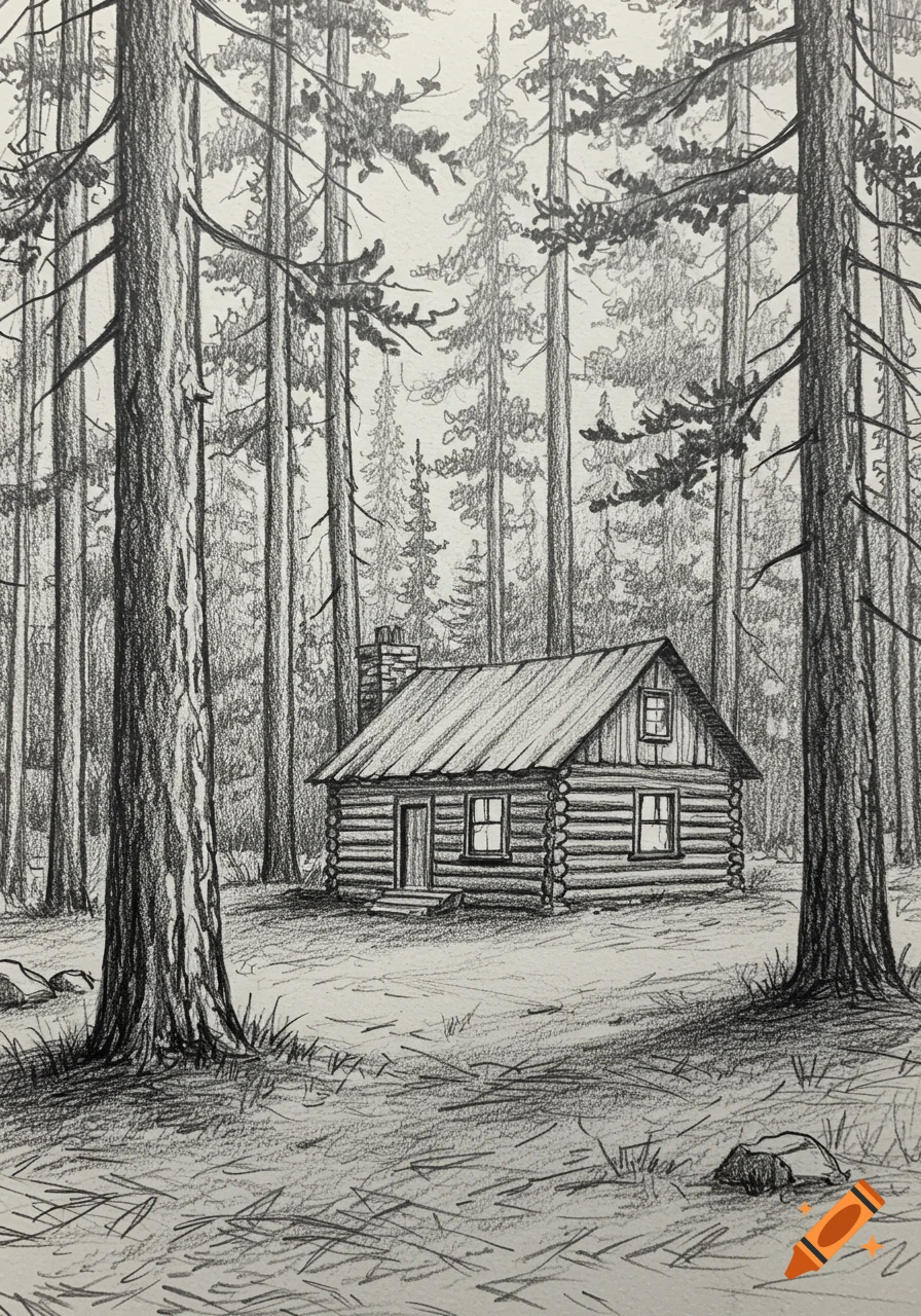 Pencil sketch of a rustic log cabin nestled in a dense forest.