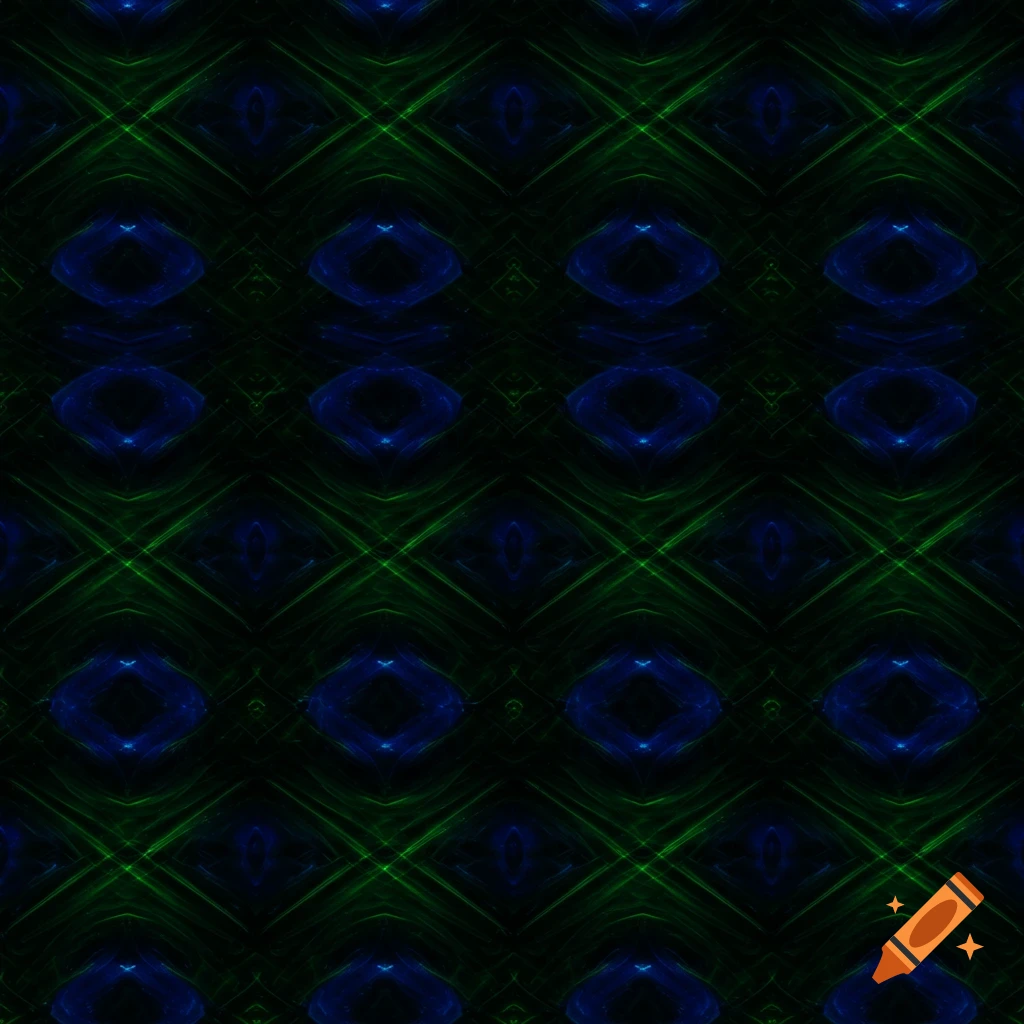 A dark abstract background featuring repeating patterns of glowing neon green lines forming diamonds and cobalt blue amorphous shapes within them.