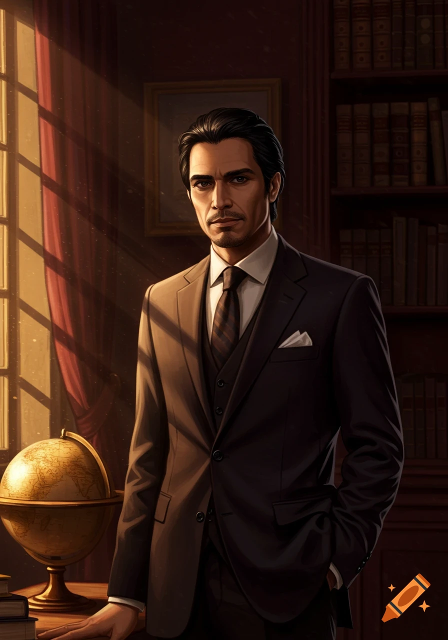 A digital illustration of a sophisticated man with dark hair, mustache, and beard, wearing a suit, standing in a library with a globe by a sunlit window.
