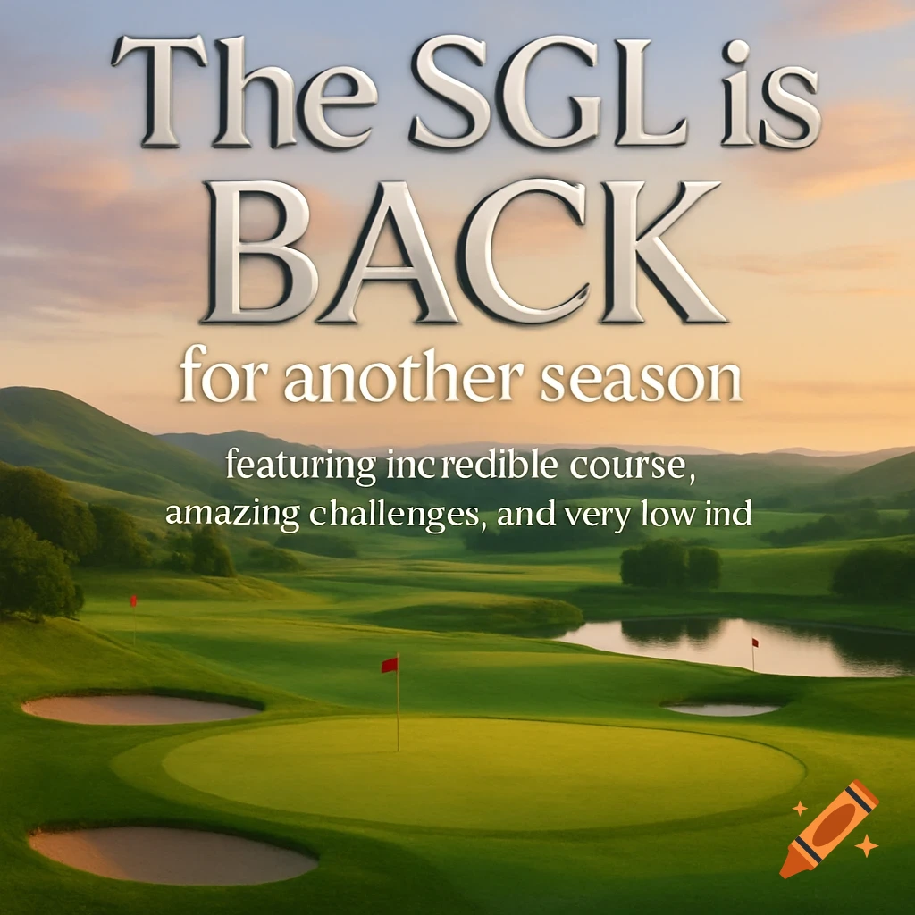 Photorealistic golf course landscape with mountains and a lake under a sunset sky, overlaid with promotional text.