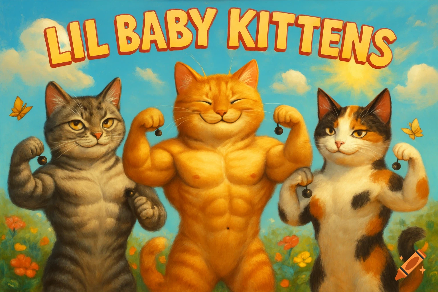Three muscular, anthropomorphic cats flex with tiny weights in a sunny field under a blue sky, with 'LIL BABY KITTENS' text.