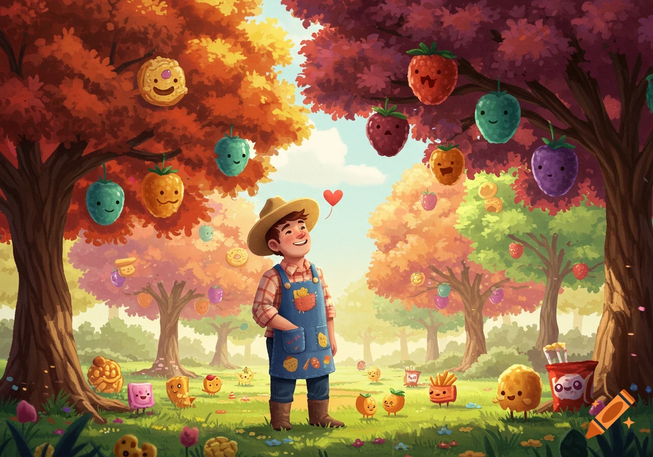 A cartoon farmer in a straw hat and overalls stands in a whimsical, colorful landscape with trees bearing smiling fruit and snack characters on the ground.