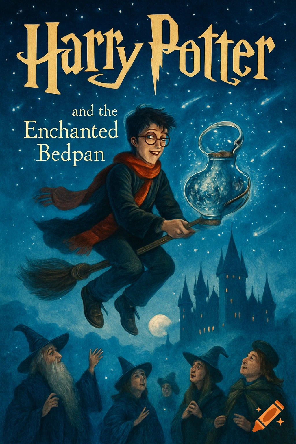 Illustrated book cover of Harry Potter flying on a broom, holding a glowing enchanted bedpan, over a castle at night, with wizards below.