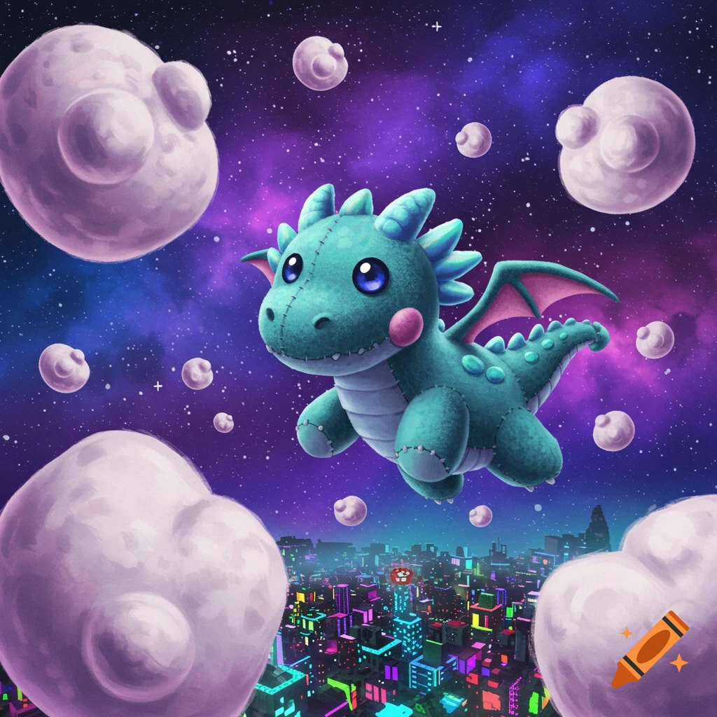 A cute teal stuffed dragon with pink cheeks flies through a purple starry space, past large round objects, over a vibrant, neon-lit cityscape.