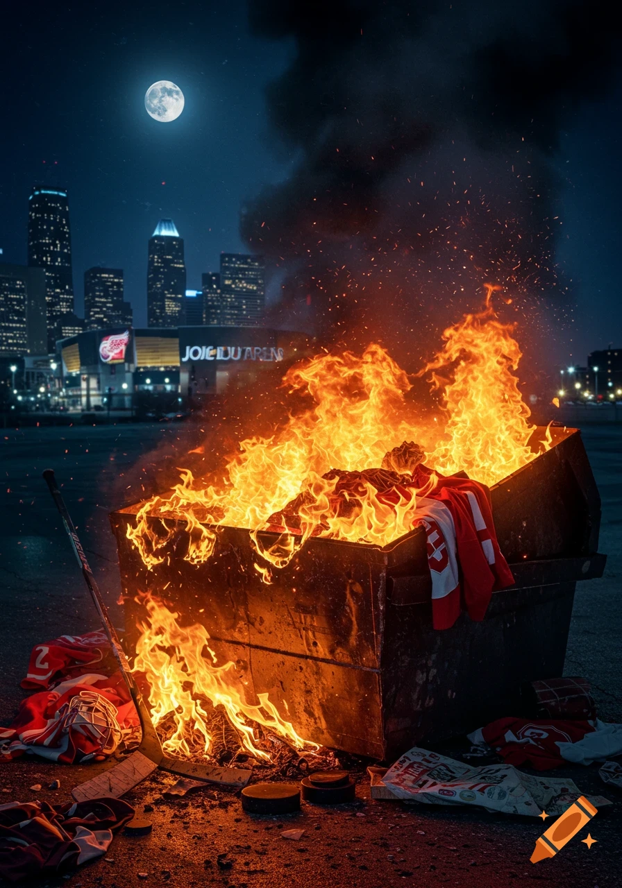 A large dumpster is on fire in a city parking lot at night, with flames engulfing hockey jerseys and equipment. A full moon is visible above skyscrapers in the background.