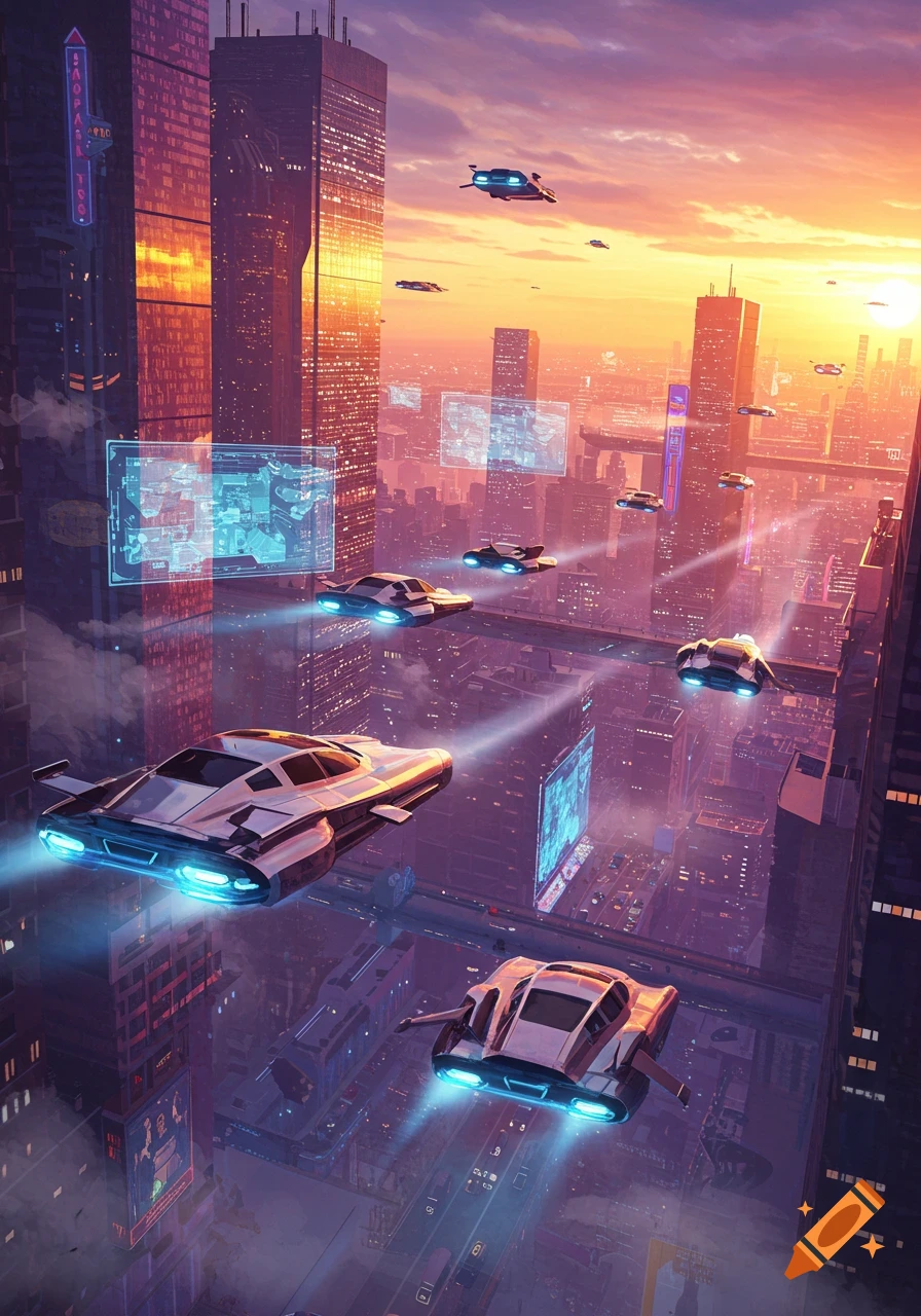 Flying cars soar between towering skyscrapers in a vibrant futuristic city at sunset, with holographic displays in the air.