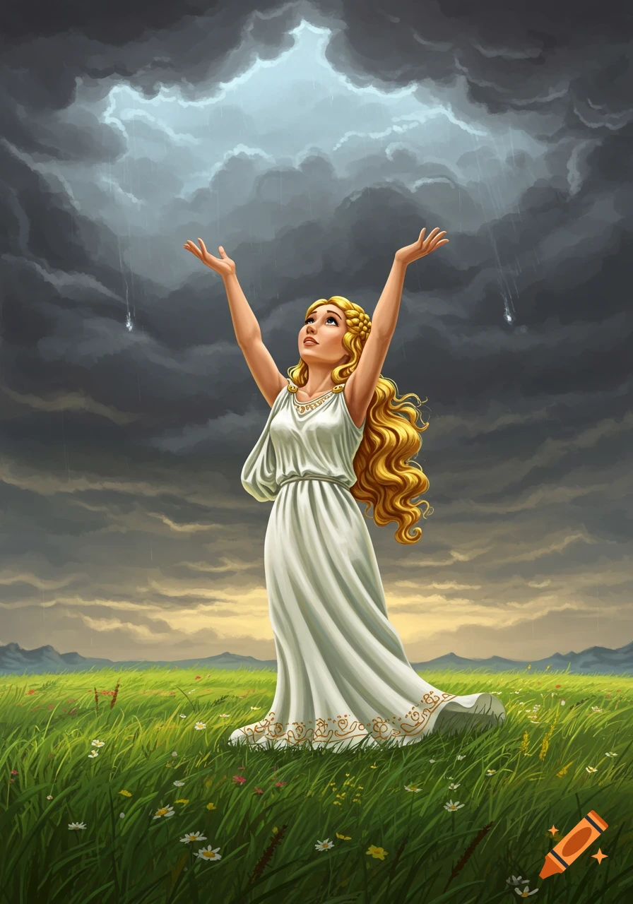 A blonde woman in a white dress stands in a green field, raising her arms to a stormy, raining sky with a bright opening.