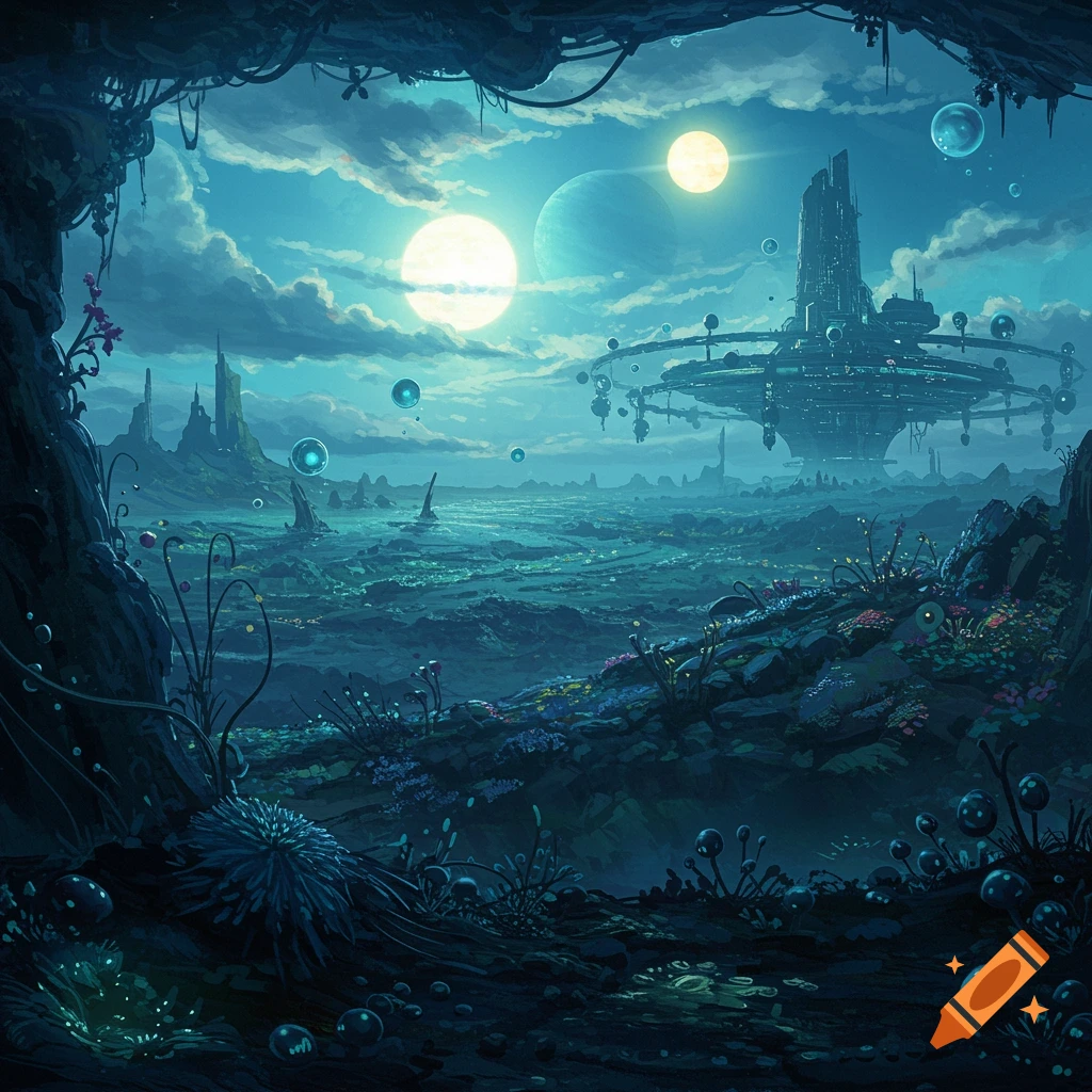 A vibrant sci-fi alien landscape with multiple moons, a towering futuristic structure, and glowing flora under a blue sky.