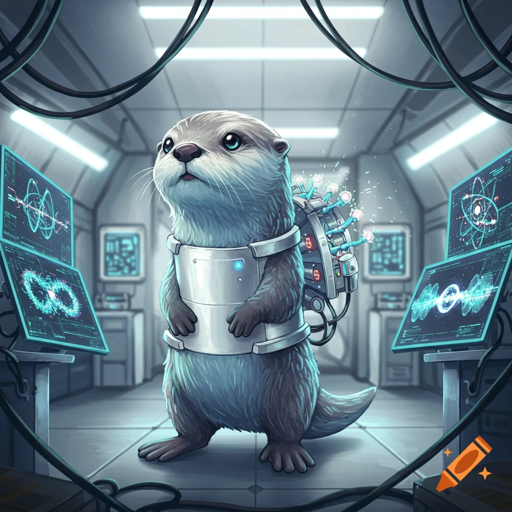 A cute otter wearing a futuristic metallic vest and backpack stands in a sci-fi laboratory with glowing screens.