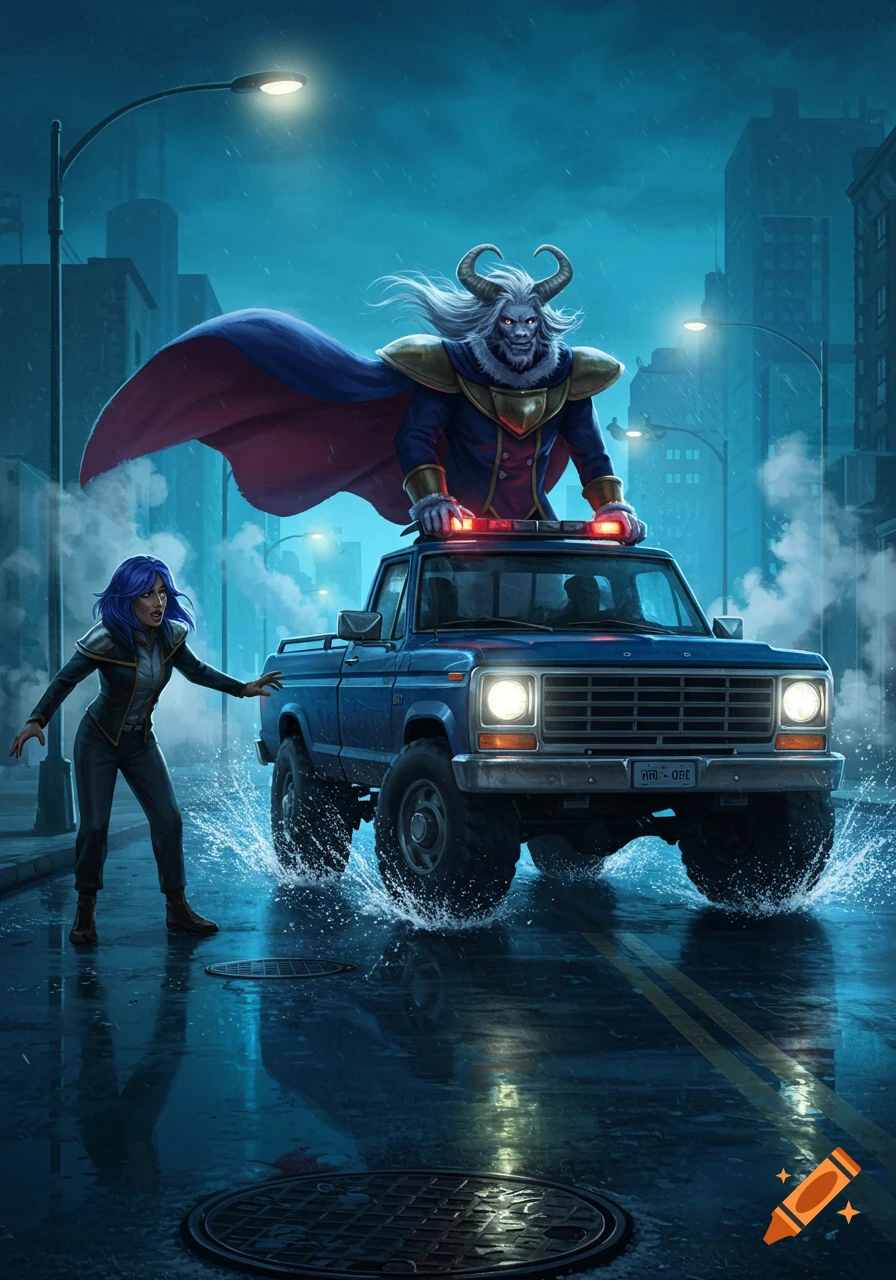A monstrous, horned figure in a cape stands on a blue pickup truck driving through a wet city street at night, as a woman recoils.