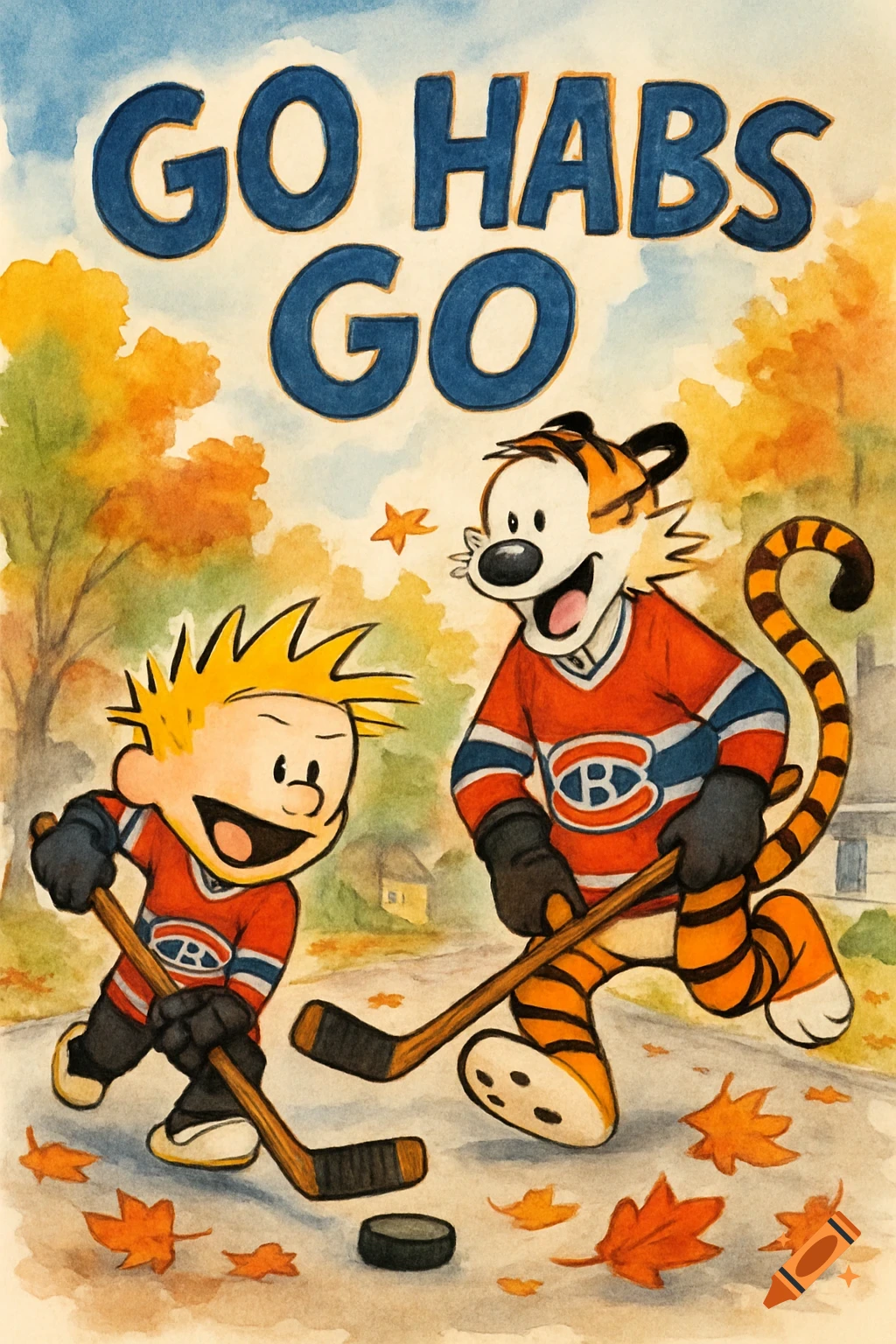 Calvin and Hobbes playing hockey on a street in fall, wearing red and blue Habs jerseys, with 'GO HABS GO' text above, in a watercolor style.