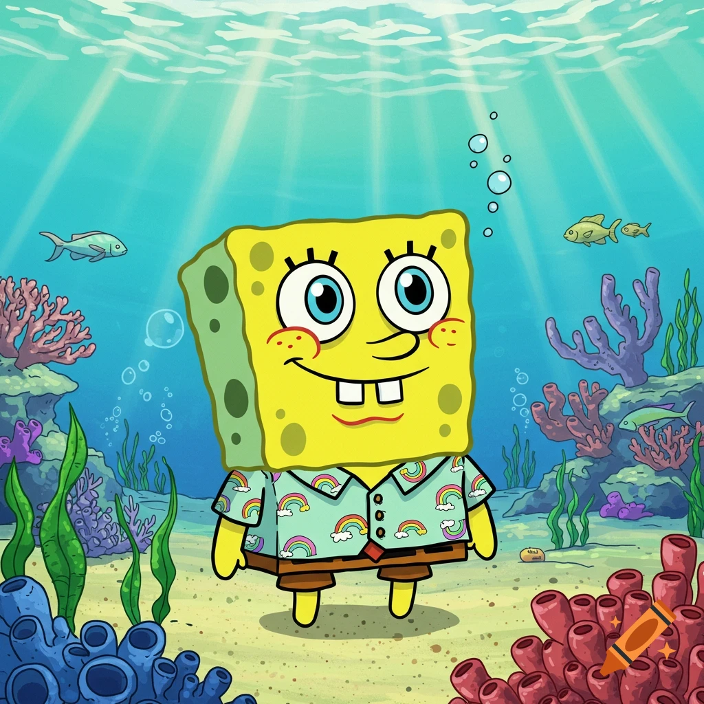 SpongeBob SquarePants stands on the seabed wearing a rainbow Hawaiian shirt, surrounded by coral and fish in a bright cartoon underwater scene.