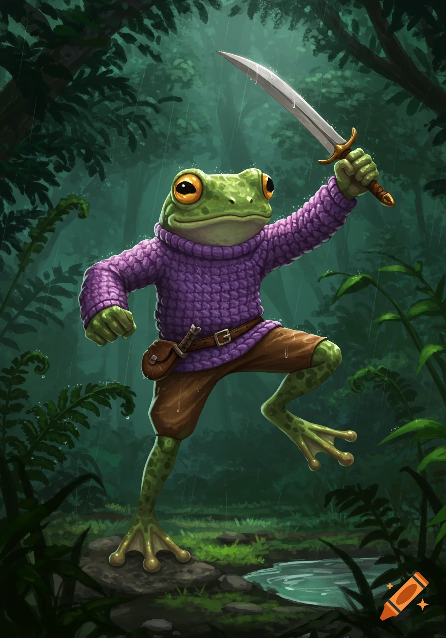A cartoon-style rain frog D&D character wearing a purple sweater and brown shorts, wielding a sword in a rainy forest.