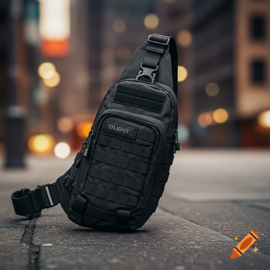 A black Olight EDC sling bag with MOLLE straps resting on a concrete surface with a blurred city background, photorealistic style.