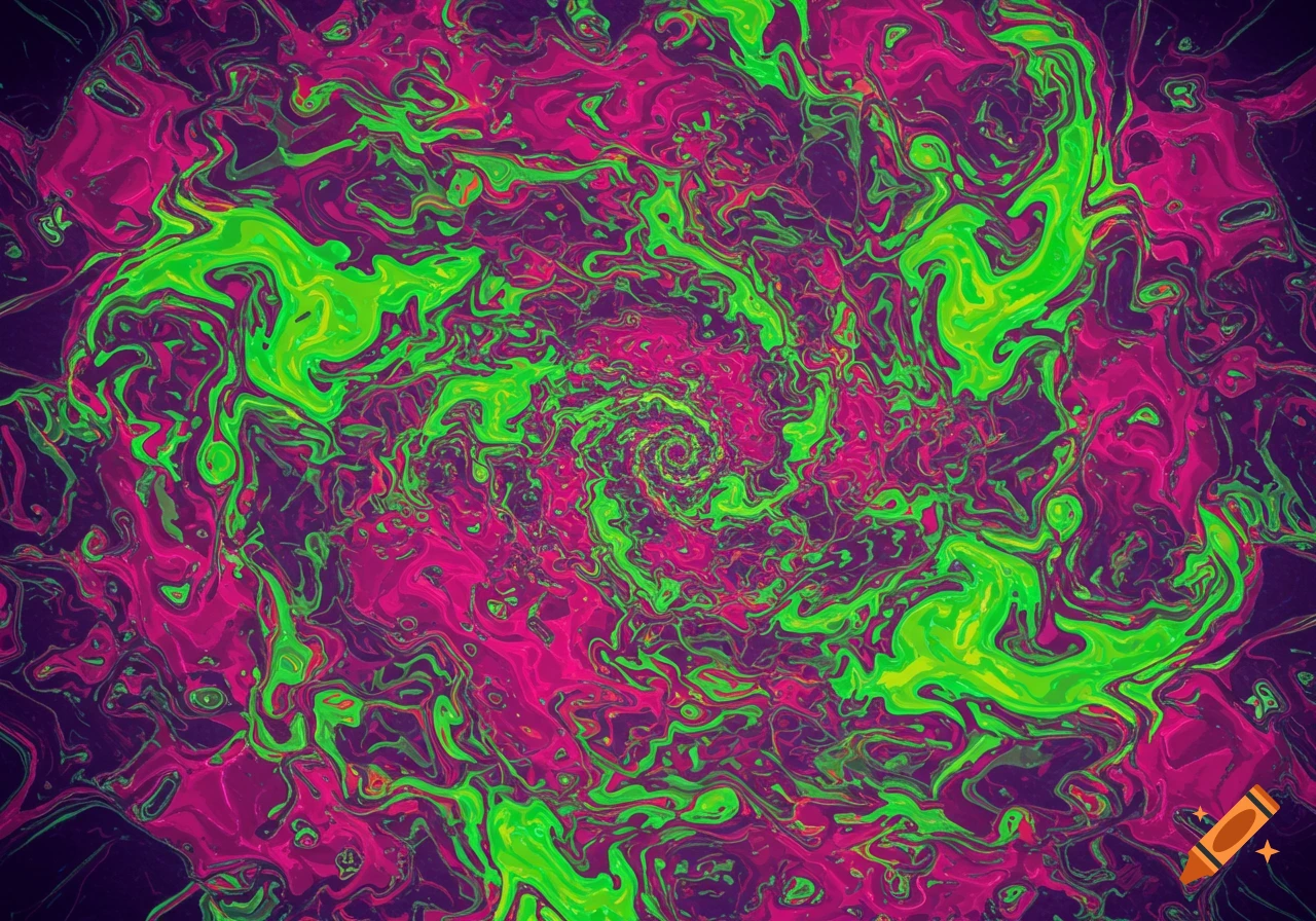 A vibrant, swirling abstract pattern of neon green, hot pink, and purple, resembling a psychedelic spun painting.