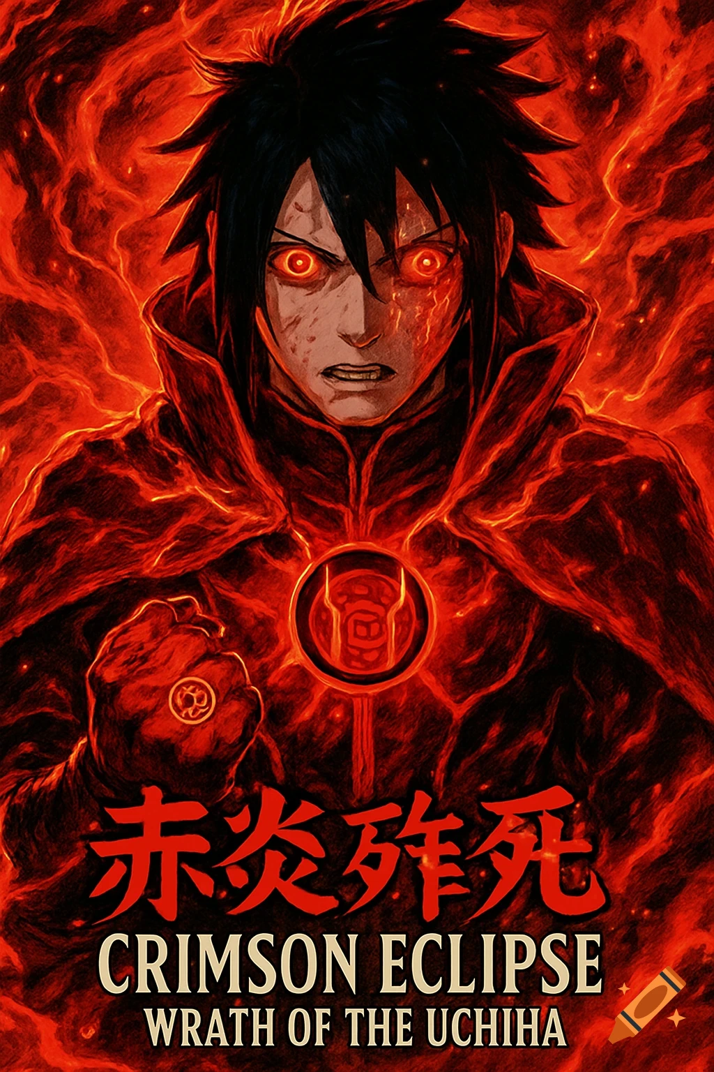 Highly detailed anime-style cover art of Sasuke Uchiha, with glowing red eyes and a cracked Rinnegan, in a red cloak with swirling red chakra and flames, with title text.
