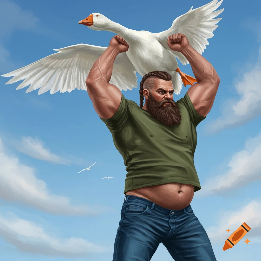 An illustration of a muscular, bearded man with braided hair, holding a white goose overhead against a blue sky.