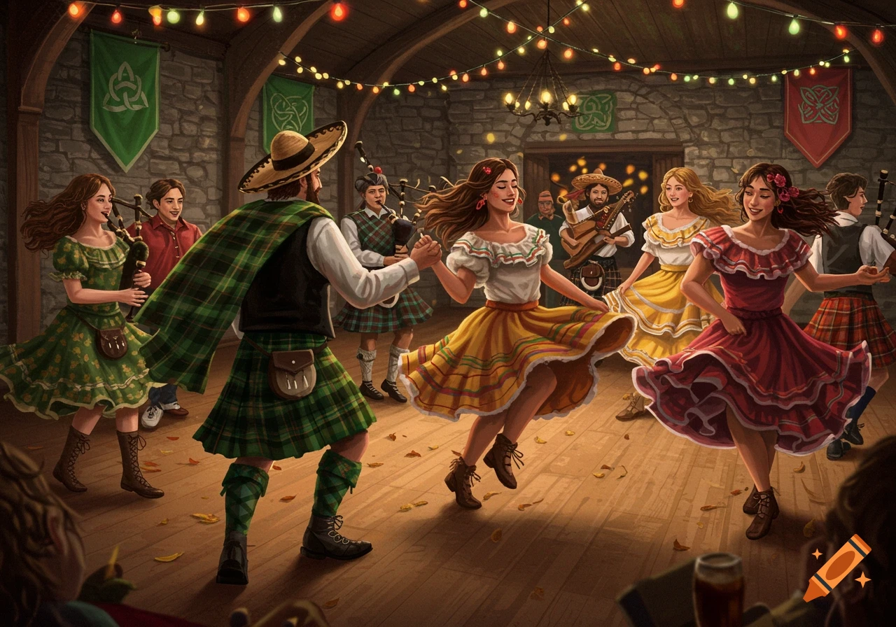 A vibrant illustration of people in traditional Scottish and Cumbia-style attire dancing and playing music in a festive hall.