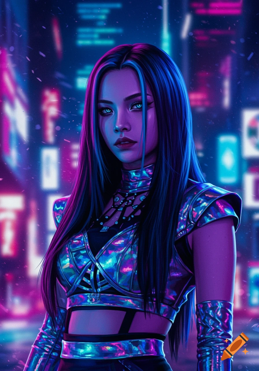 A woman with long dark hair and blue eyes wears a shiny, iridescent cyberpunk outfit against a blurry neon city background.