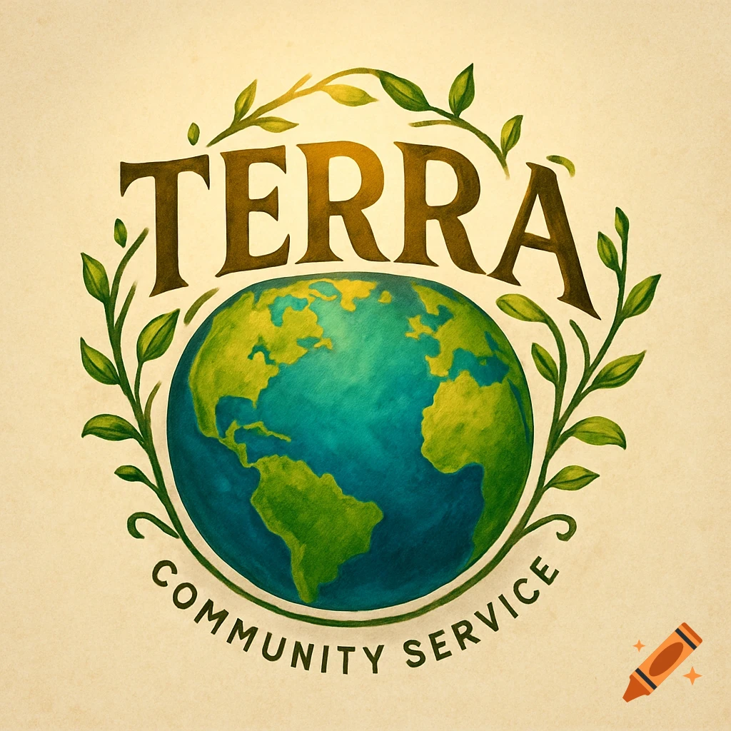 Logo for TERRA Community Service with a globe and green leaves surrounding it on a light background.