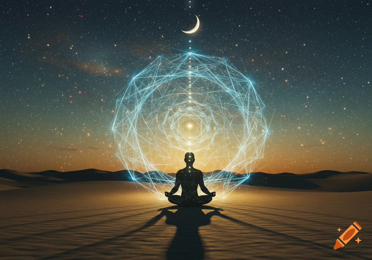 Silhouette of a person meditating in a desert under a starry sky with a crescent moon and glowing geometric energy.