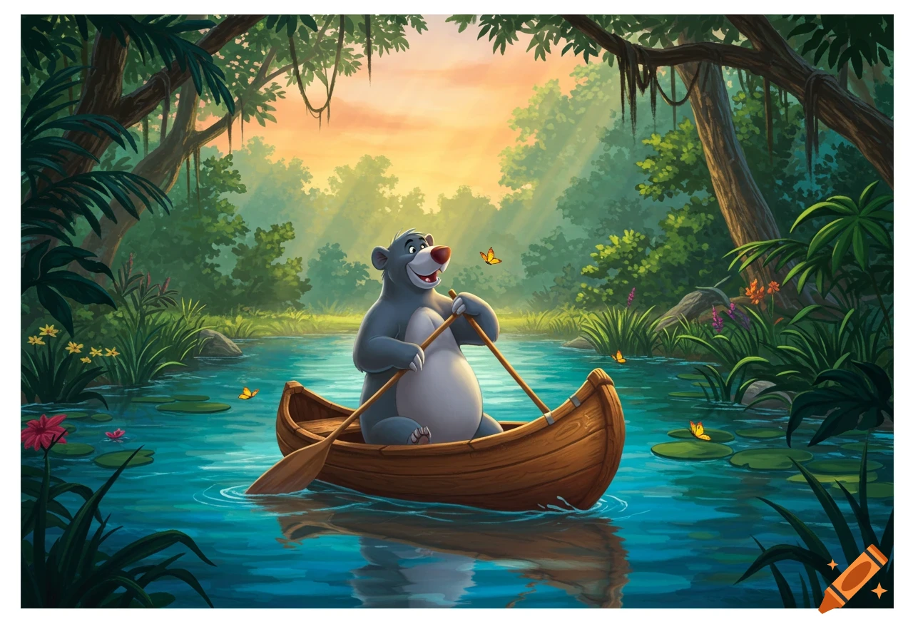 A gray cartoon bear named Baloo rows a wooden canoe on a river in a lush green jungle with a sunset sky.