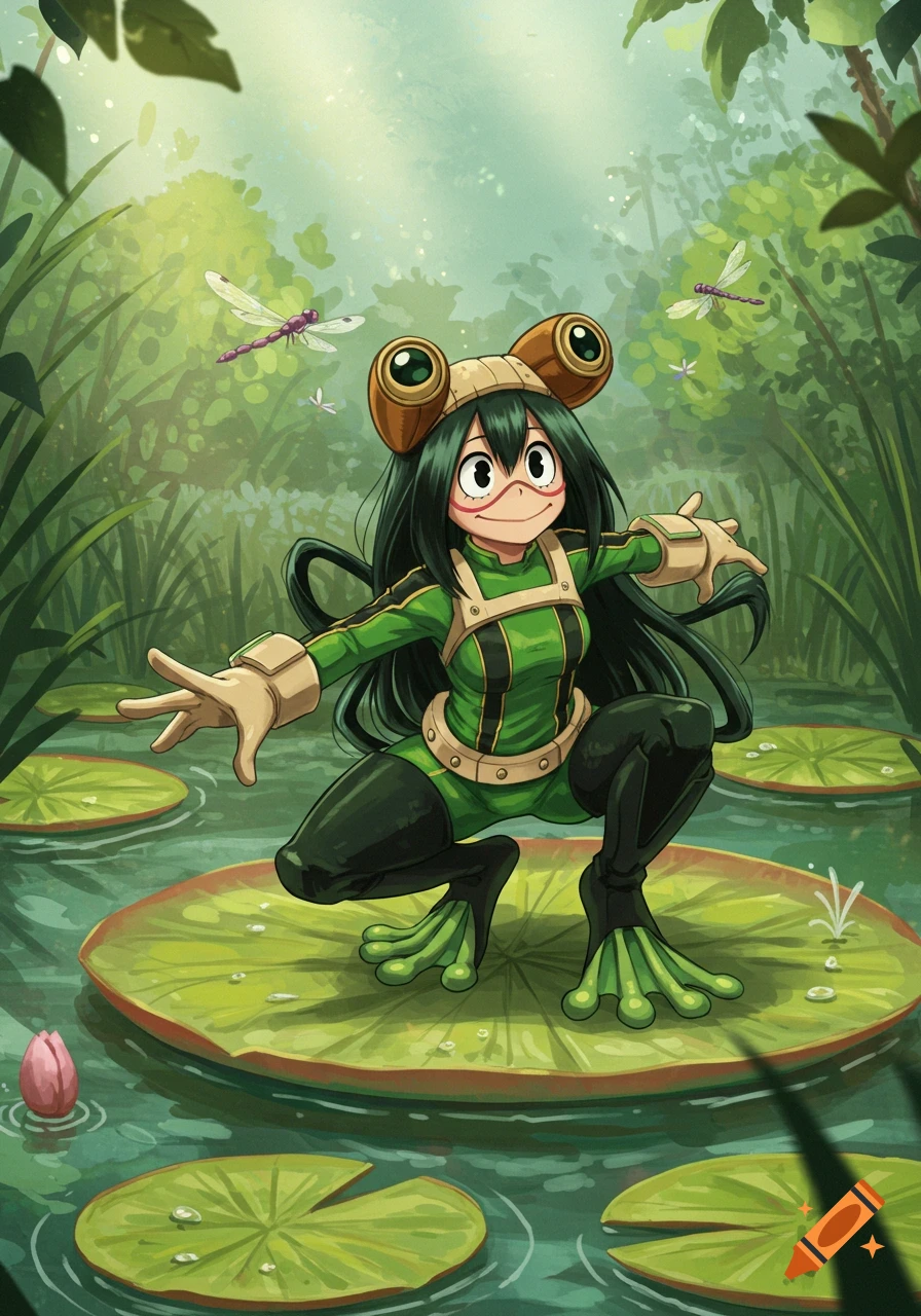 Anime illustration of Tsuyu Asui, a green-skinned frog girl, crouching on a lily pad in a pond with dragonflies.
