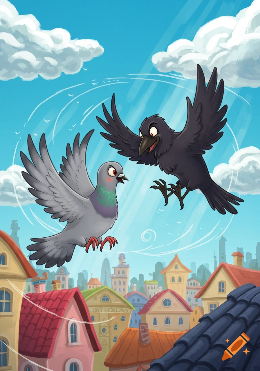 A vibrant cartoon illustration of a grey pigeon and a black crow flying in the sky over a colorful city.