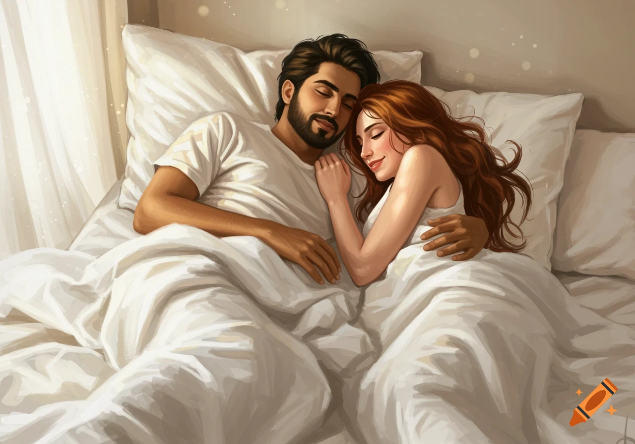 A man and woman with long brown hair cuddle peacefully in bed in a painterly style.