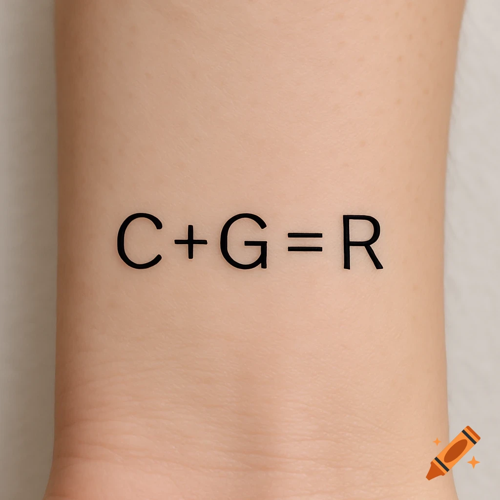 A close-up of a human wrist with a minimalistic black tattoo that reads "C+G=R" in an equation format.