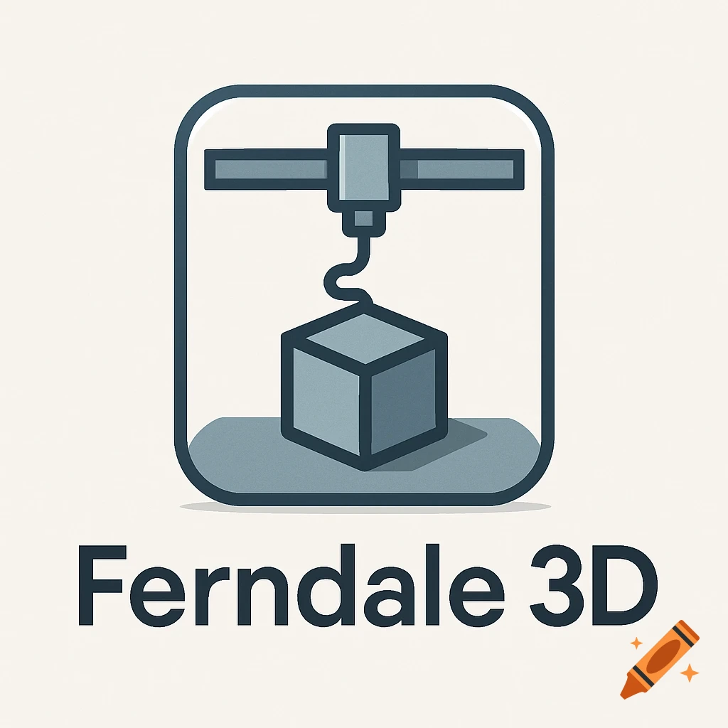 A simple, clean logo featuring a stylized 3D printer icon printing a cube, with the text Ferndale 3D below.