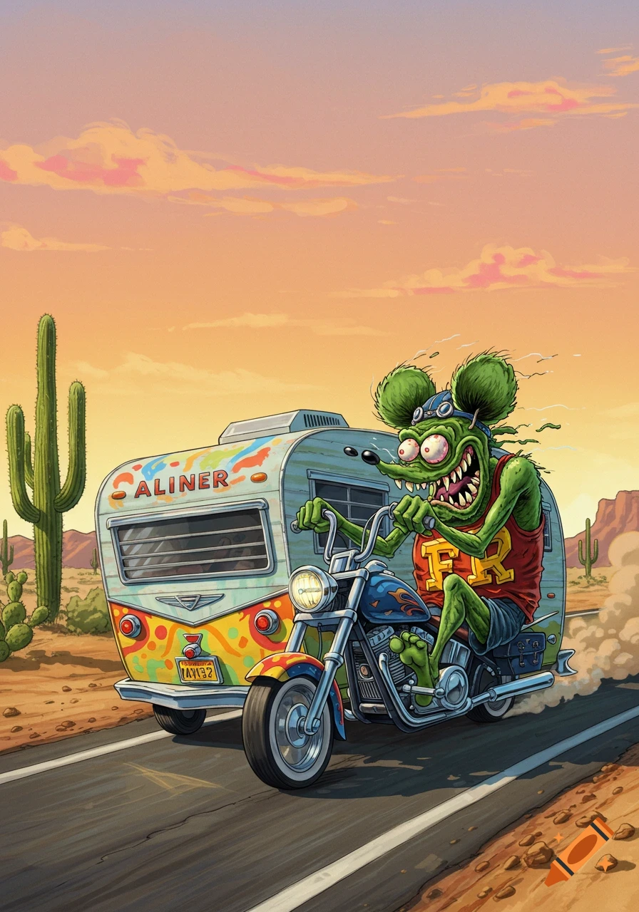 A green, rat-like monster on a motorcycle pulls a colorful camper trailer through a desert landscape at sunset, in a vibrant cartoon style.