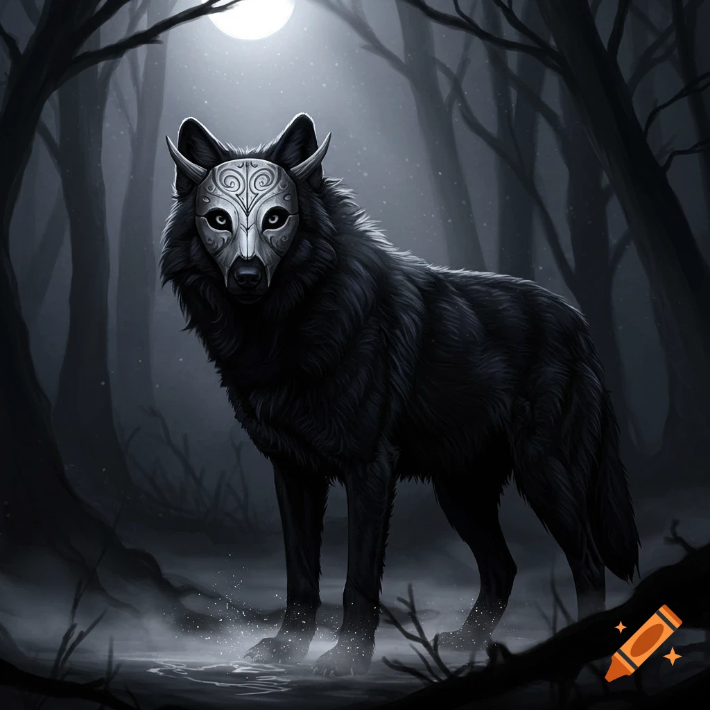 A black wolf with a white, ornate mask stands in a dark, misty forest under a full moon in a digital illustration.