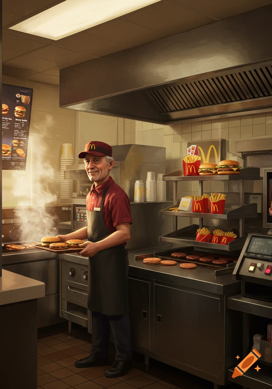 A smiling older man in a McDonald's uniform holds a tray of burgers in a busy kitchen with a grill, fries, and menu.