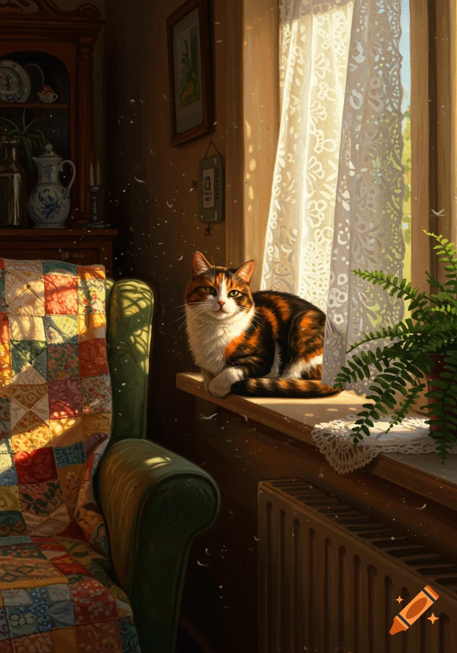 A calico cat sits on a sunlit windowsill next to a white patterned curtain and a green fern plant, with a colorful quilted armchair nearby. The scene is bathed in warm light, depicting a cozy indoor setting in a painting style.