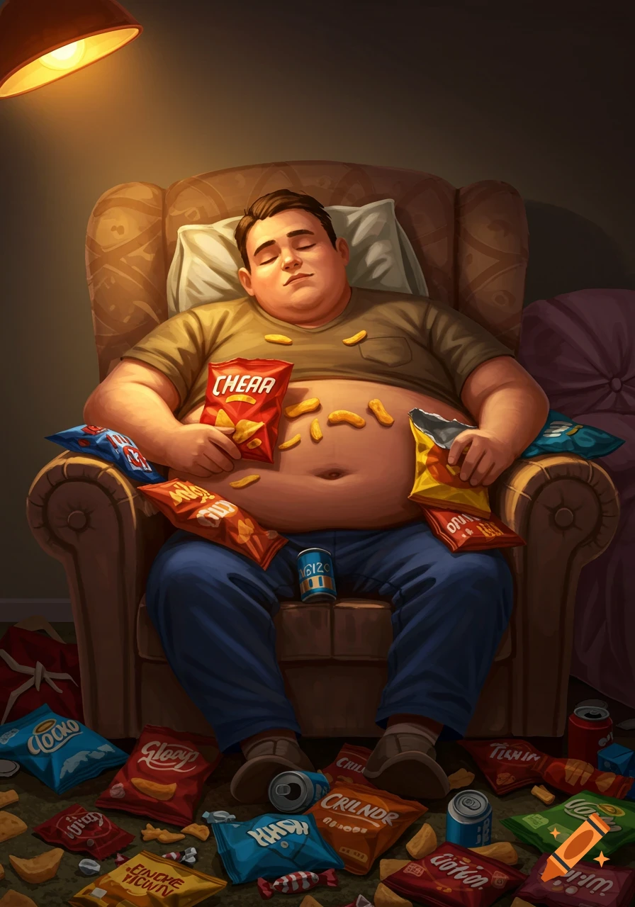 An overweight man sleeps in a recliner, surrounded by empty snack bags and discarded chips. The scene is lit by a warm lamp.