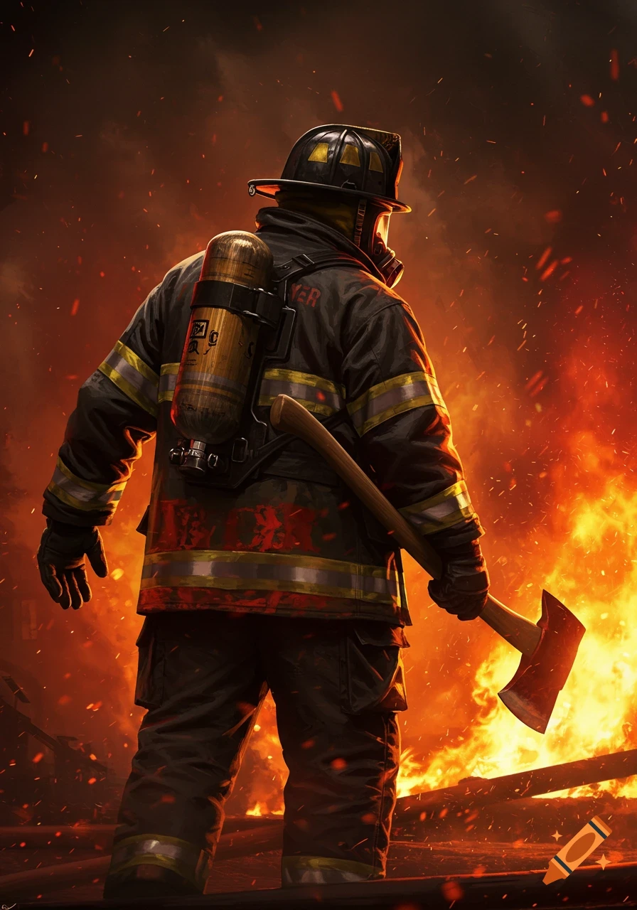 A firefighter in full gear with an oxygen tank on their back, holding an axe, stands with their back to the viewer amidst a raging fire.