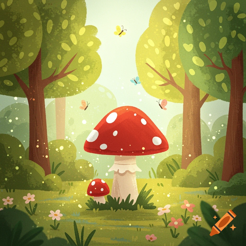 A cute, cartoony red toadstool mushroom with white spots in a colorful, sunlit forest with flowers, butterflies, and sparkles.