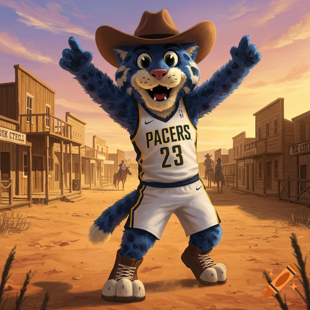 A blue and spotted panther mascot, Boomer, wearing an Indiana Pacers jersey with 'PACERS 23' written on it, stands in an old western town at sunset with arms raised, giving a thumbs up.