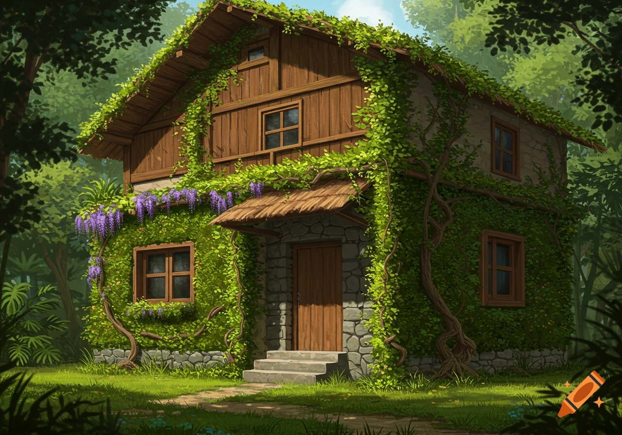 A whimsical wooden and stone house covered in green vines and purple wisteria, nestled in a lush forest, in an illustrative style.