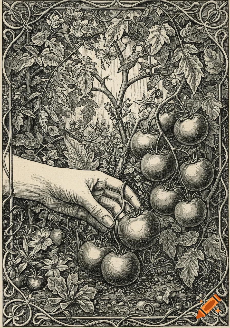A detailed engraving showing a hand reaching to pick tomatoes from a lush plant in a garden setting, with ornate borders.