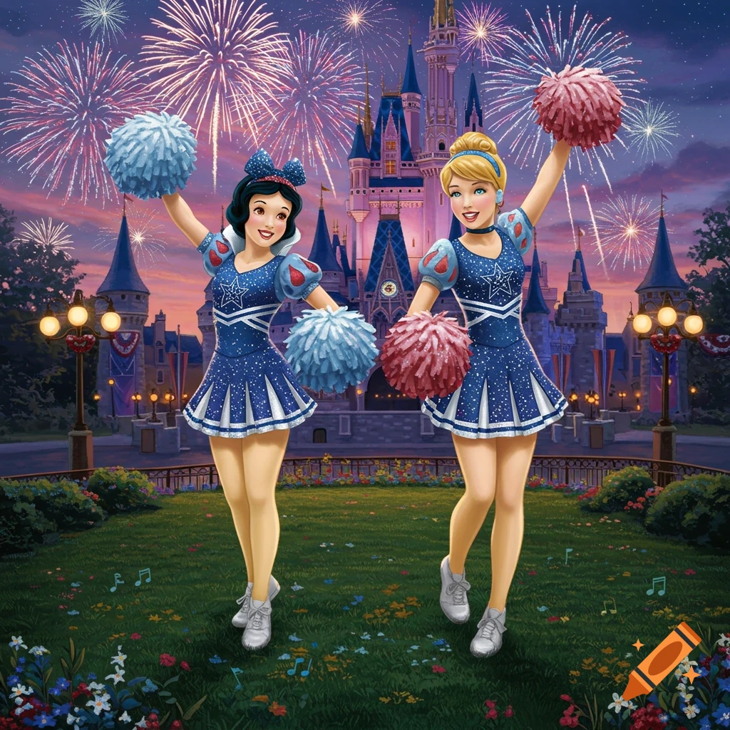 Snow White and Cinderella in blue and white cheerleader uniforms hold pom-poms in front of Cinderella's castle with fireworks in the night sky.