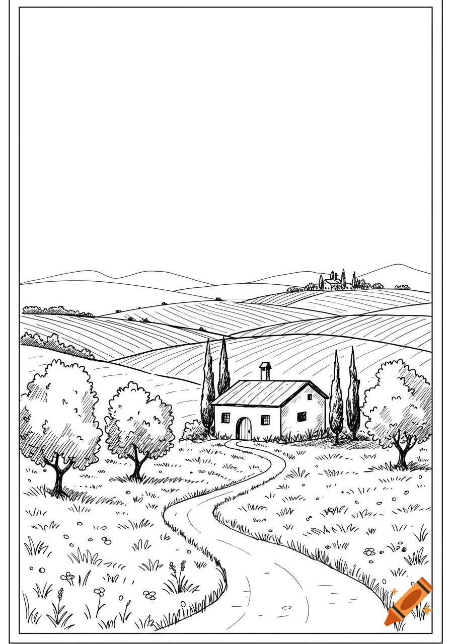 Black and white line drawing of a rustic farmhouse in the Italian countryside, with a winding path, rolling hills, and trees under a clear sky.