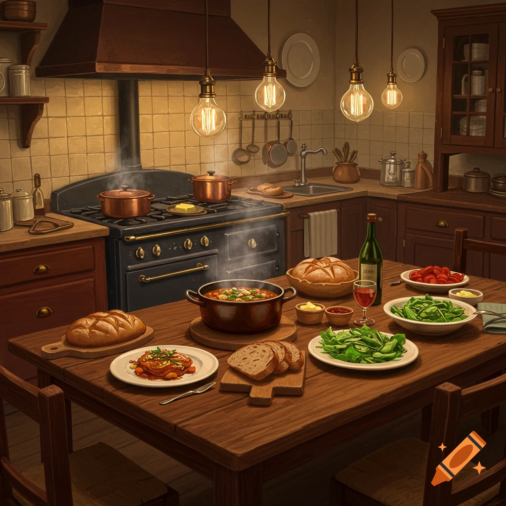 A warm and inviting rustic kitchen with pots on the stove and a wooden table laden with food like bread, salad, and a bottle of wine.
