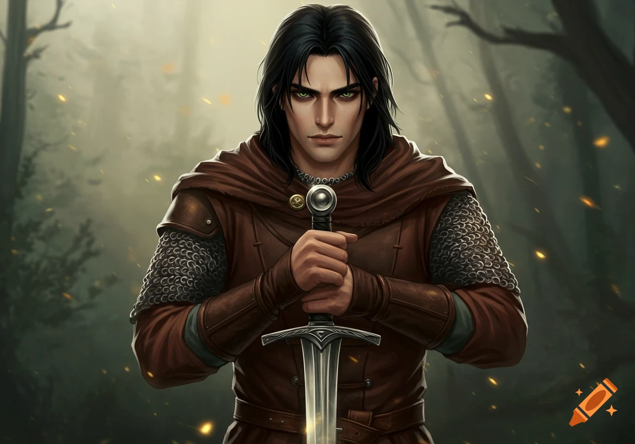 A serious young man with black hair and green eyes, wearing a brown tunic and chainmail, holds a sword in a misty forest.