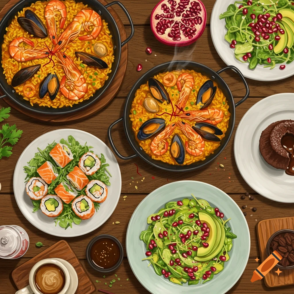 Overhead view of a wooden table spread with two paella pans, sushi, salads, chocolate lava cake, and coffee in an illustrated style.